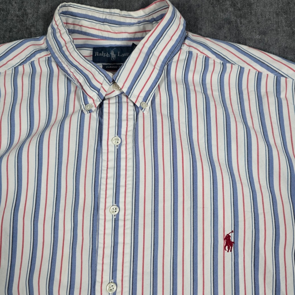 Vtg Ralph Lauren Mens 2XLT Classic Fit Striped Short Sleeve Button Down Shirt